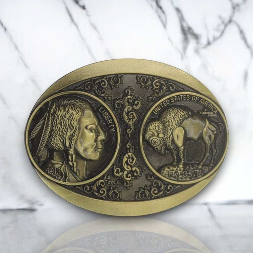 Buffalo Nickle Bronze Belt Buckle | Native American Buffalo US 5 Cent Buckle